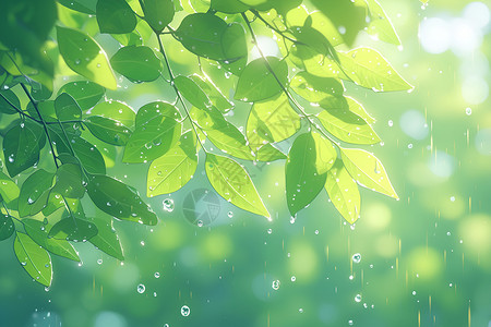 植物和水滴春雨和绿叶插画