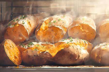 热腾腾的烤红薯背景图片