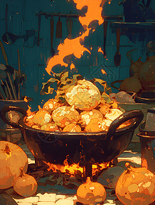 烘烤的火坑边的美食盛宴插画