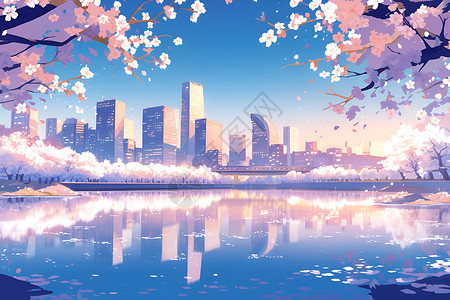 樱花绽放城市背景图片