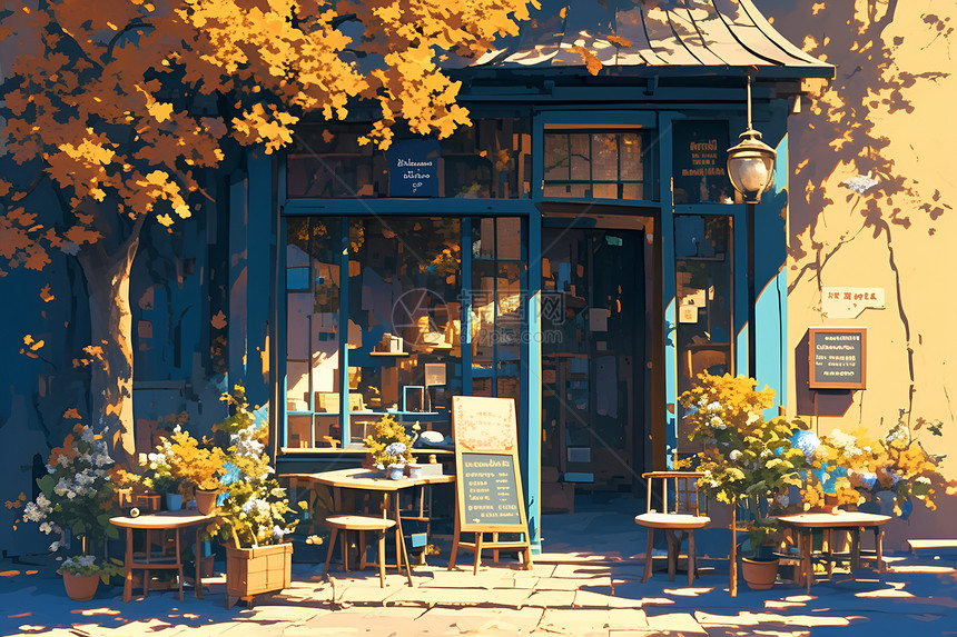 秋日小街边的咖啡馆图片