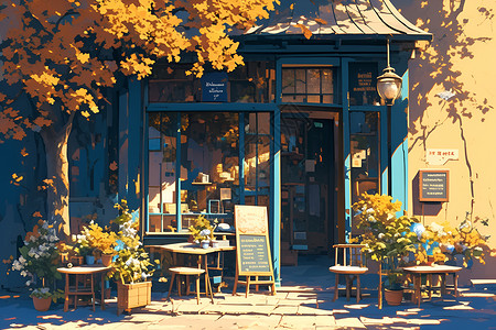 秋日小街边的咖啡馆背景图片