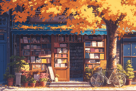 秋天的书店街边书店高清图片