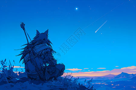 荒凉背景夜晚草地中的狼人插画