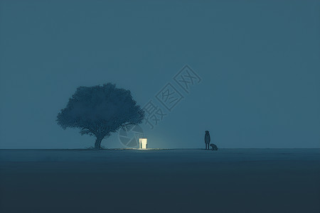荒凉草地深夜荒漠中的人插画