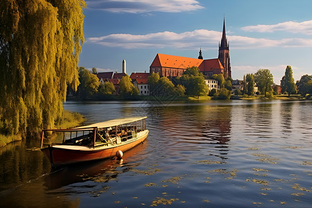 教堂湖面反射静谧河流上的小船背景