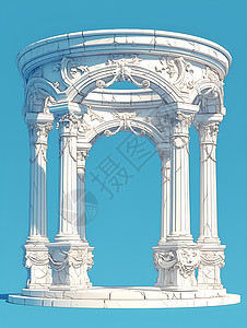 石桌古典亭台喷泉插画