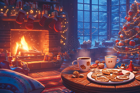 圣诞咖啡素材壁炉旁的咖啡和饼干插画