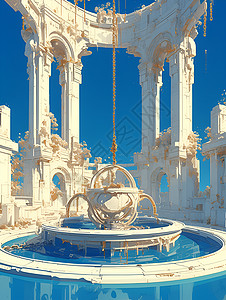 罗马柱建筑环绕喷泉的罗马柱插画