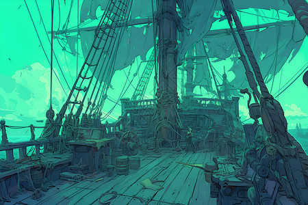 船身风帆已破裂的废弃海盗船插画