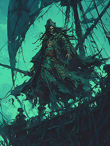 船身迷雾中的幽灵海盗船插画