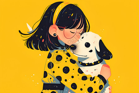 抱着狗小女孩小女孩抱着一只白色的狗插画