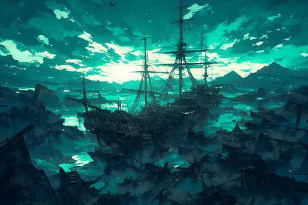 船身荒废的海盗船插画