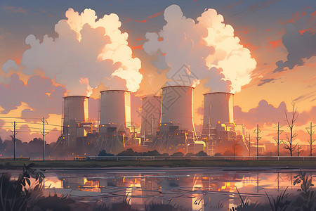 建筑物日落日落下的地热发电厂插画