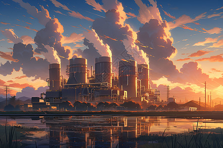 建筑物日落日落时的发电厂插画