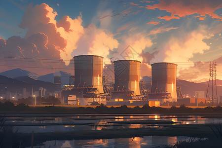 建筑物日落山谷中的发电厂插画