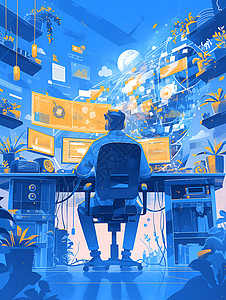 计算机工作计算机前的男人插画