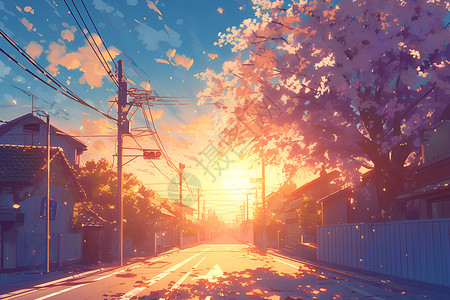 夕阳下的美景落日下的街道美景插画