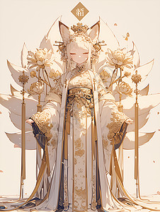 婚纱宣传单九尾狐仙瑰丽中式婚纱下的女孩插画