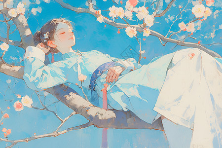 汉服少女栖息在桃花树上背景图片