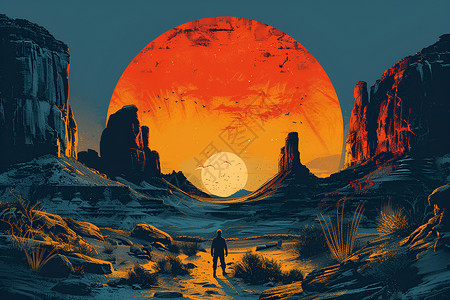 美丽的日落旅人探索沙漠地形插画