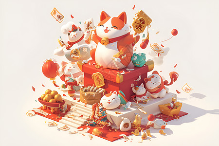 欢乐氛围春节喜庆氛围中的招财猫插画