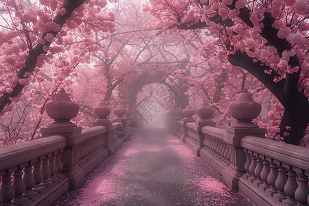 樱花桥下的粉色迷雾高清图片
