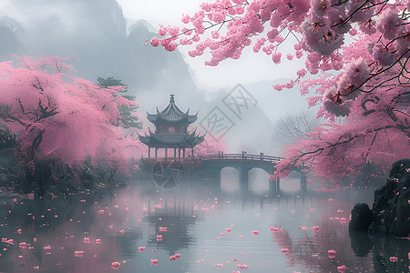 粉红天空下樱花桥背景图片