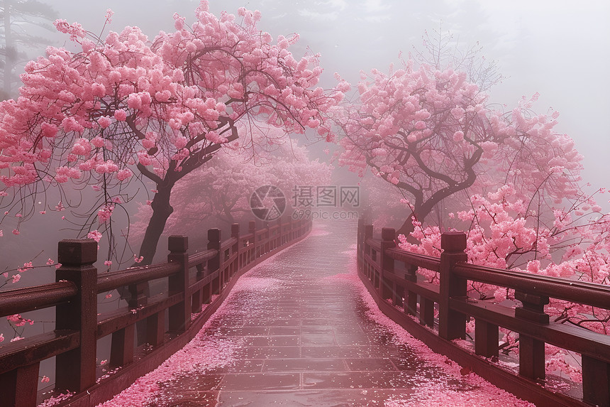 粉色花园中的桥梁图片