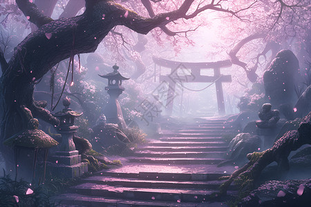 樱花迷雾下的风景背景图片