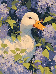 紫丁香丛中探头的小鸭子插画