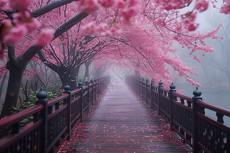樱花衬托下的神秘桥高清图片
