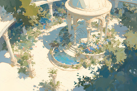 花园中的庭院水彩插画背景图片