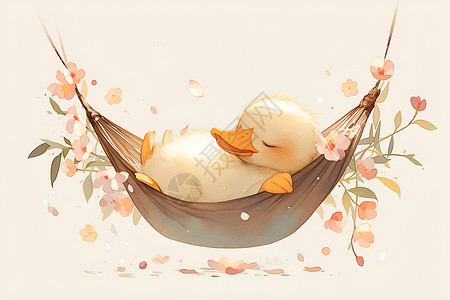 悠闲小鸭在花瓣吊床上背景图片
