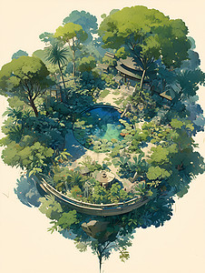 翠竹庭园插画背景图片
