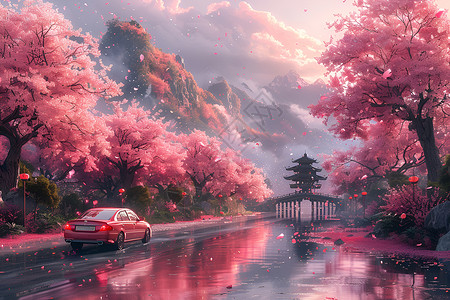 春天公路边的樱花背景图片
