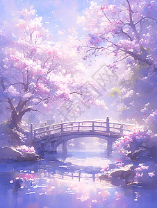 盛开的桃花梦幻桃花桥上的仙境插画