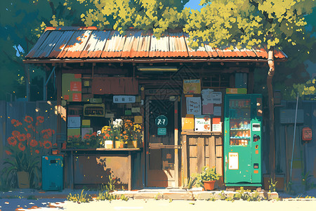 校门后的小店插画背景图片