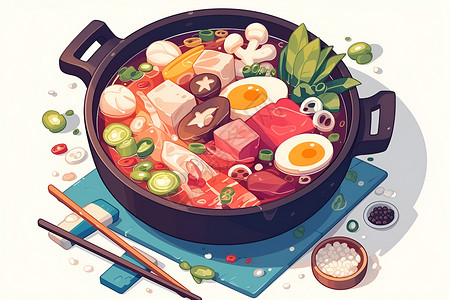 火锅食材鹅肠美味诱人的热锅美食插画