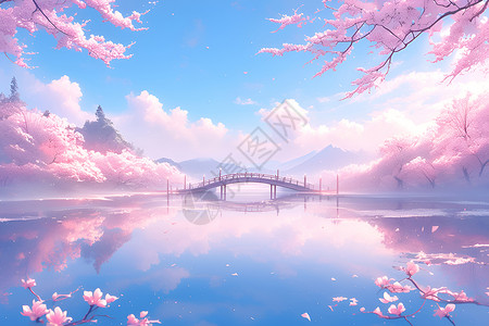 樱花湖湖面上的桥梁插画