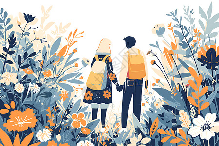 花丛中的情侣花海中的情侣插画