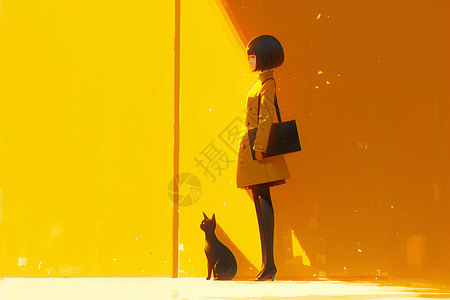 黄色世界中的女孩与猫背景图片