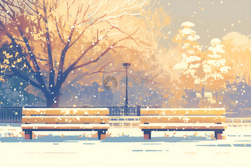 冬日静谧雪覆长椅图片