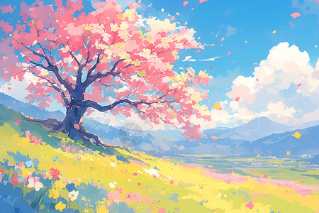 粉红花朵的树丛间背景图片