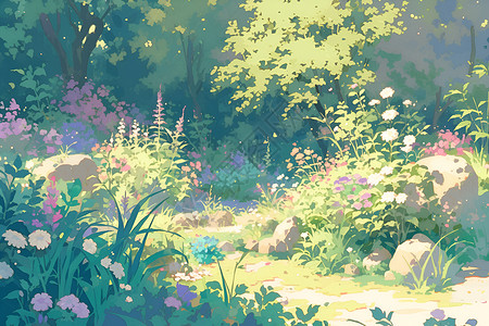 宁静花园绿意融合的悠然花园插画
