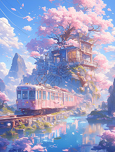 绘画的列车和樱花背景图片