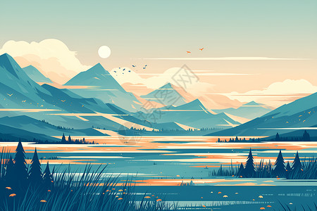 黎明风景黎明时分的山脉插画