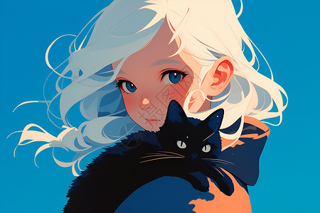 抱着菊花的女孩抱着小猫的可爱女孩插画插画