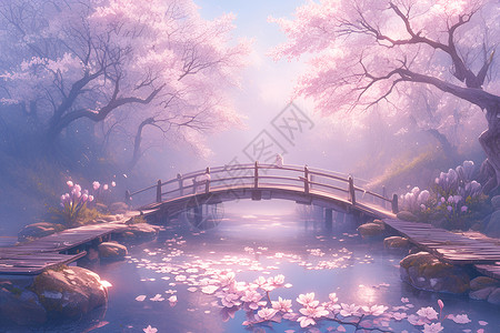 美丽的木桥和花树高清图片