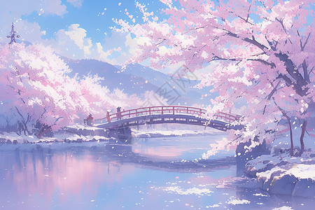 美丽的桥梁和花树背景图片
